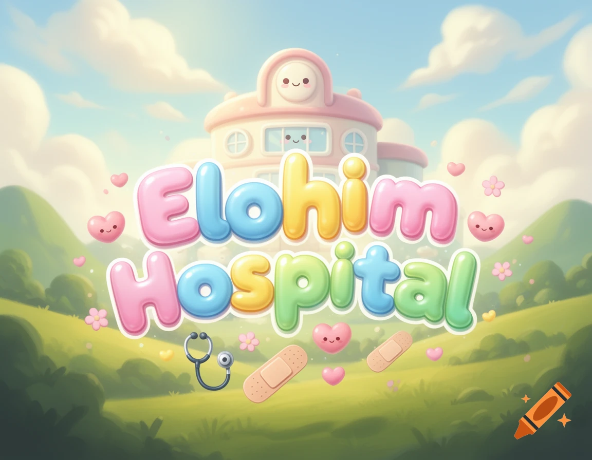 Cute kawaii style video game cover with a pastel pink hospital, green hills, blue sky, and 'Elohim Hospital' in colorful bubble letters, surrounded by smiling hearts, flowers, band-aids, and a stethoscope.