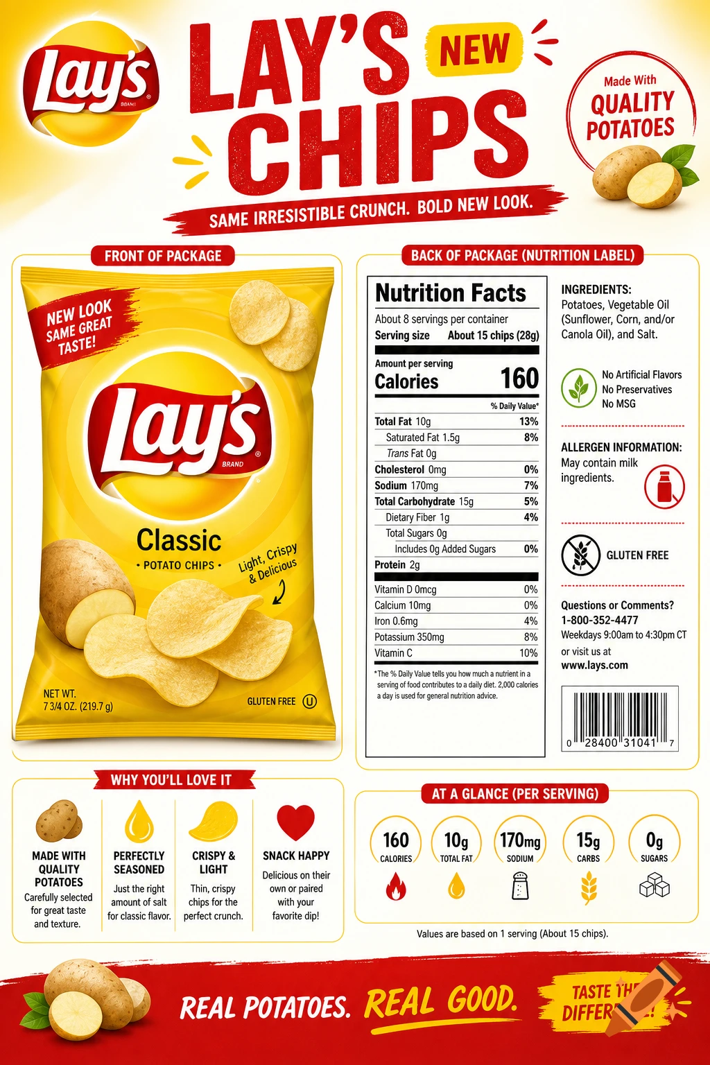 Front and back of a Lay's Classic Potato Chips bag, displaying branding, nutrition facts, and marketing text.