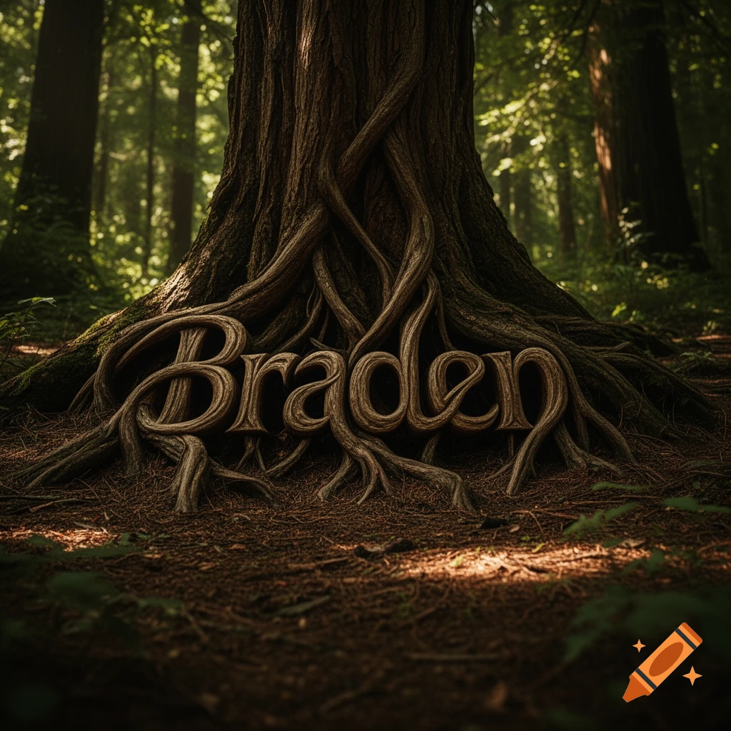 The name Braden formed by tree roots at the base of a large tree in a sunlit forest.