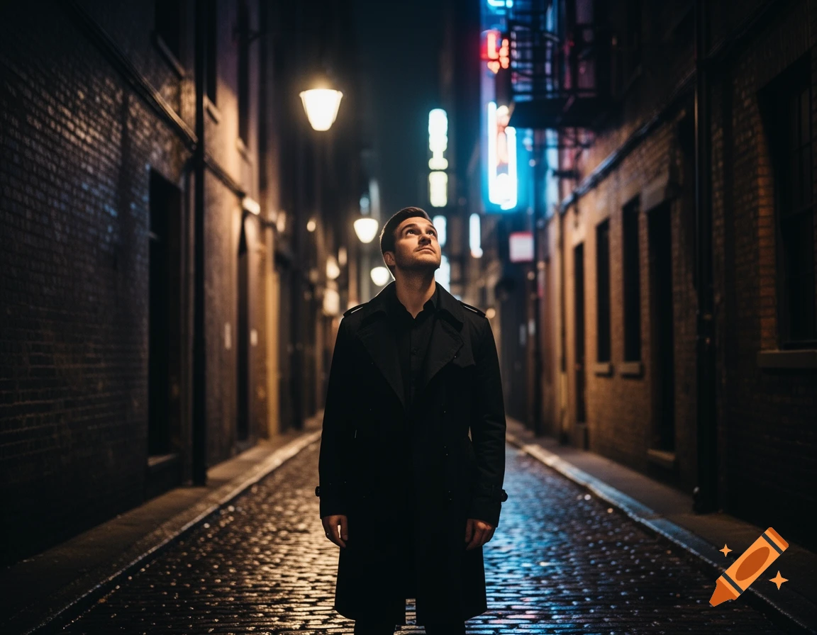 A man in a black coat stands looking up in a dark, wet alley lit by streetlights and neon signs.