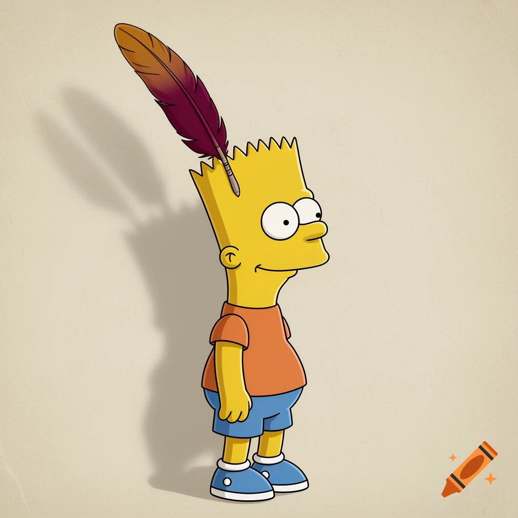 Bart Simpson in full profile, looking right, with a large feather sticking out of his head. Cartoon style.