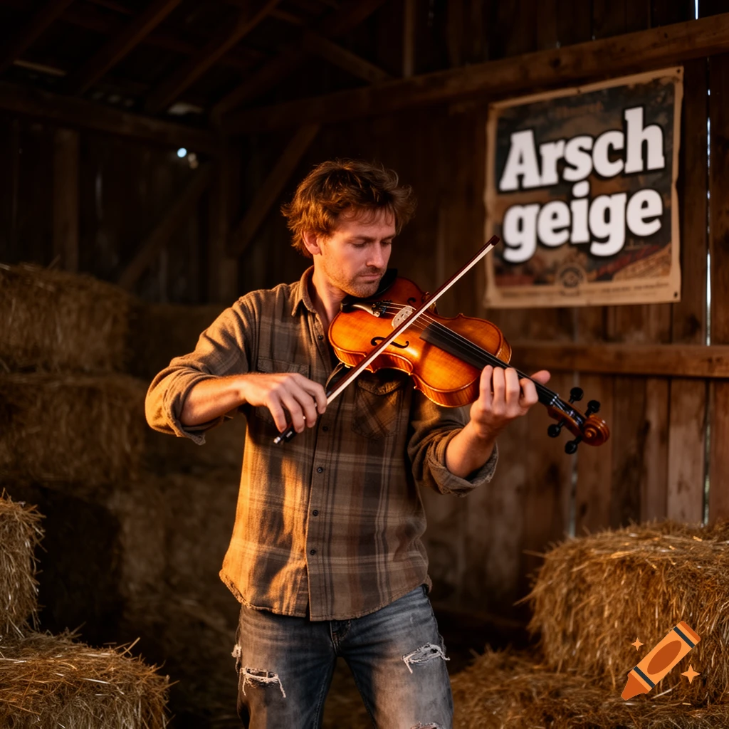 A man in a plaid shirt and ripped jeans plays a violin inside a rustic barn filled with hay bales, with a sign in the background.