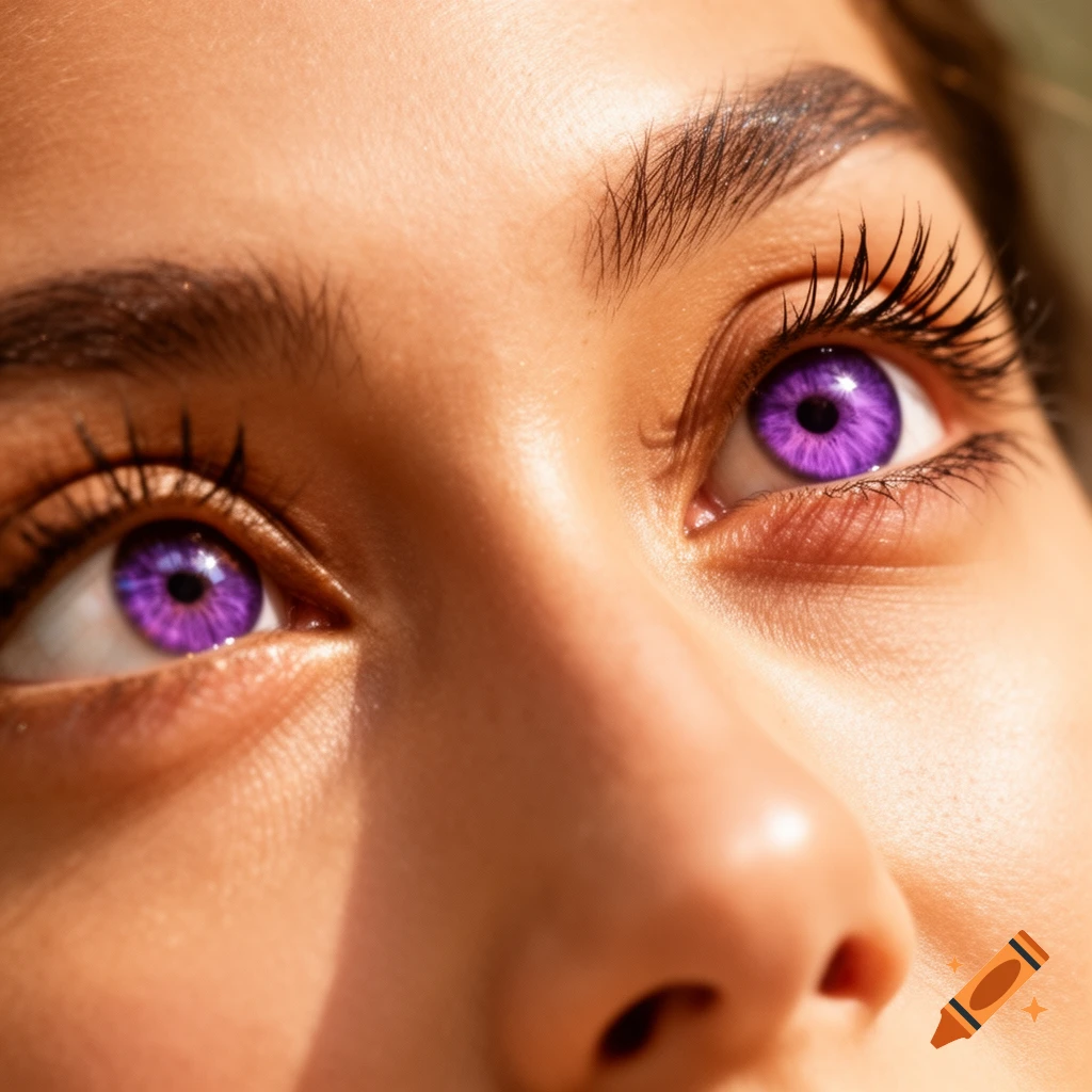 Close-up of a person's face looking up, revealing detailed eyebrows, long eyelashes, and striking purple eyes in bright sunlight.