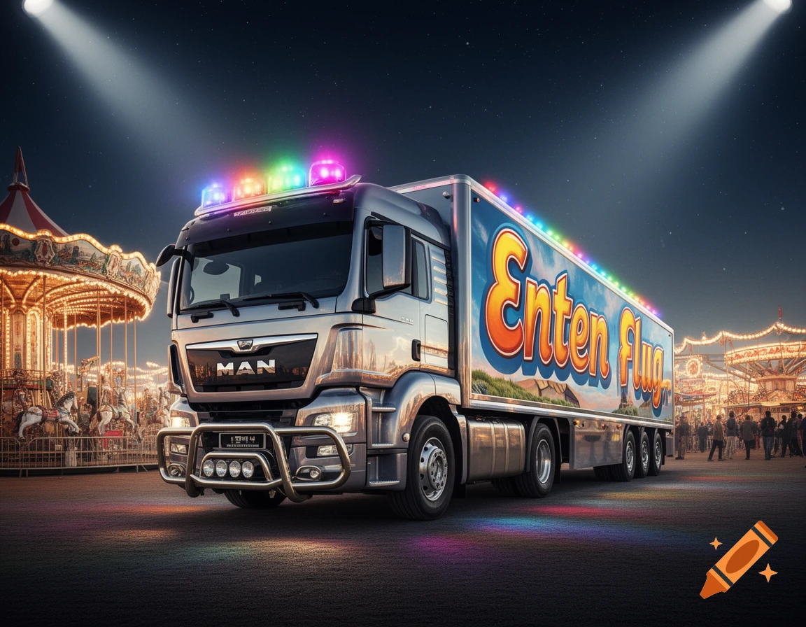 A large grey MAN truck with 'Enten Flug' on its side, colorful lights, and a bull bar, parked at a brightly lit carnival at night.