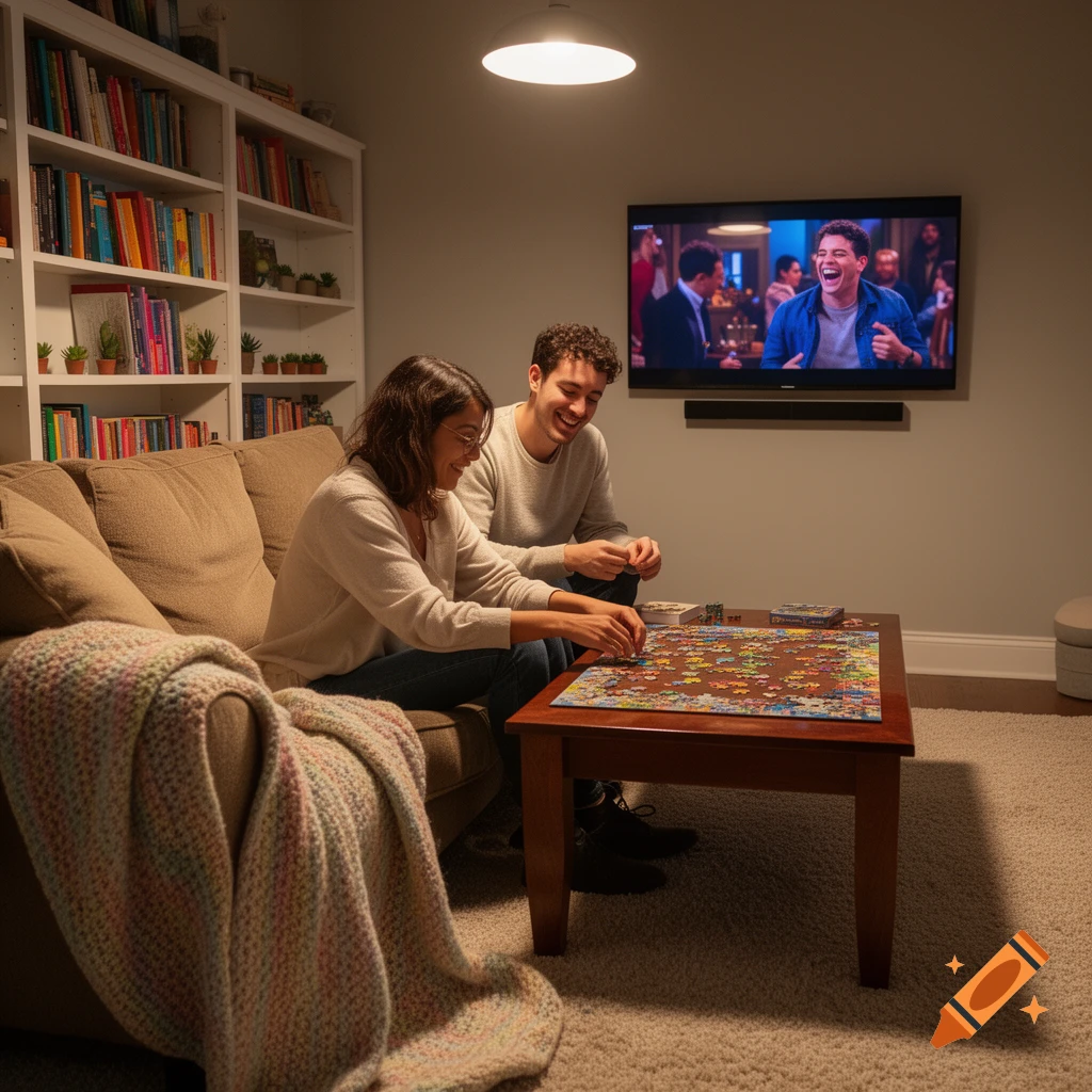 A man and a woman smile as they work on a jigsaw puzzle in a cozy living room with a bookshelf and TV.