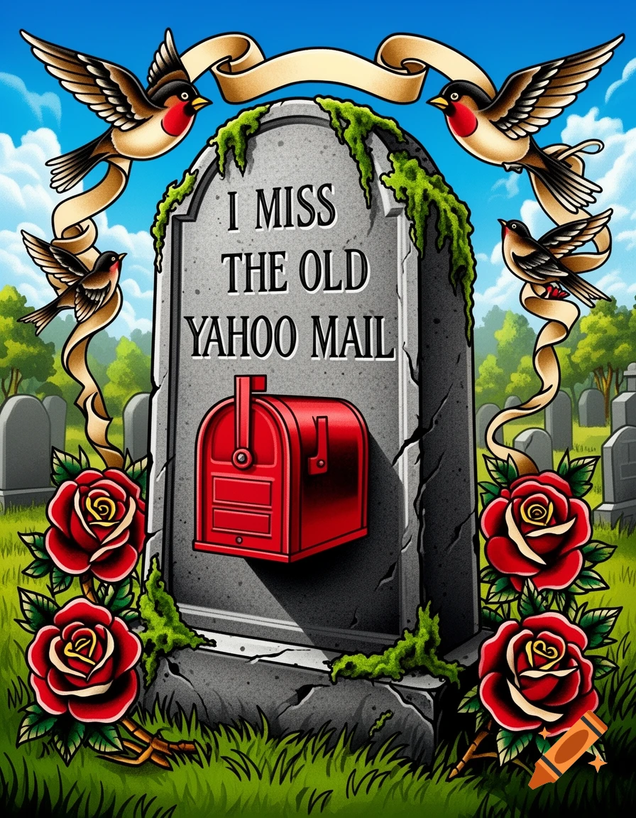 American Traditional Tattoo style art of a gravestone featuring a mailbox, with birds, roses, and text that reads 'I MISS THE OLD YAHOO MAIL'.