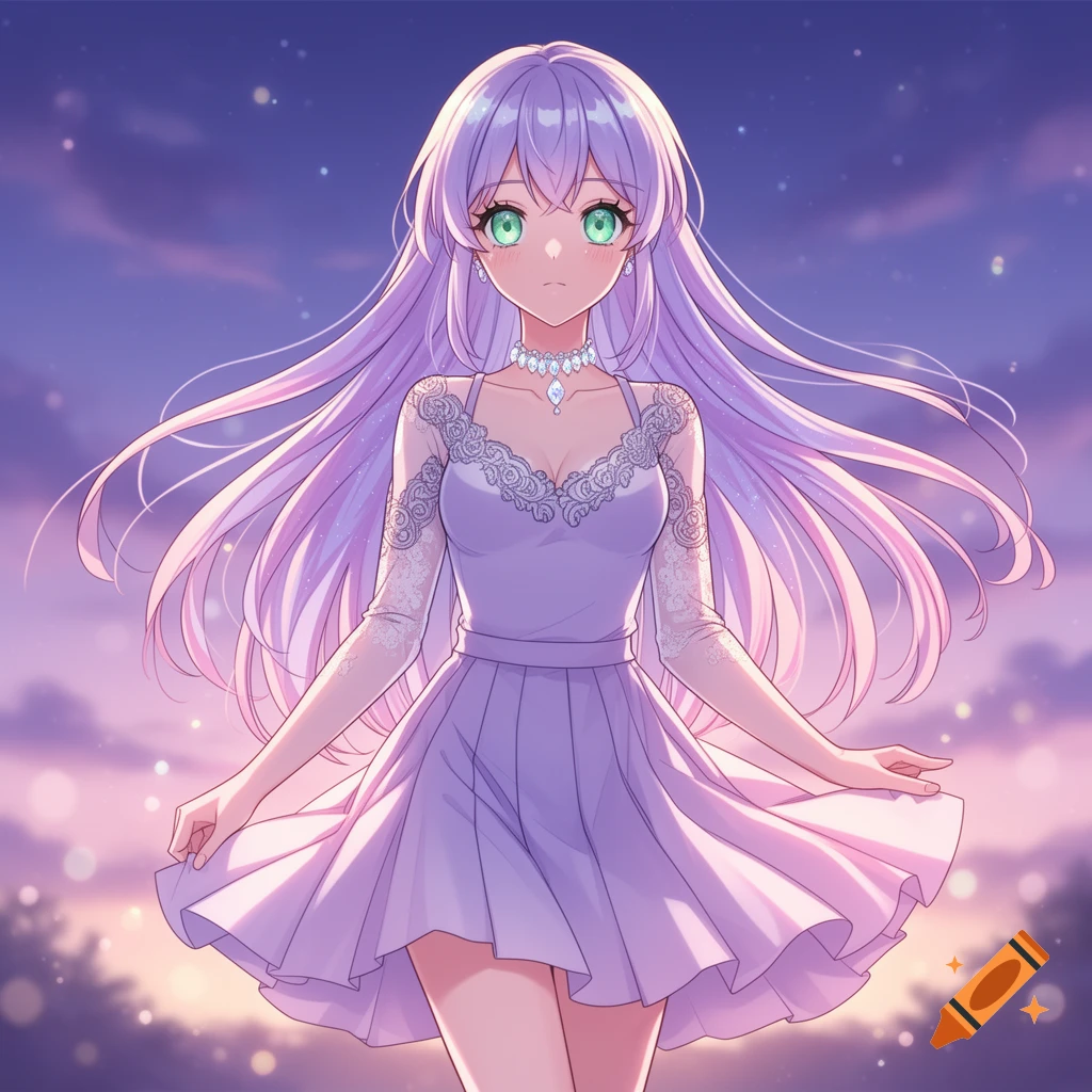Anime girl with long lavender hair and green eyes wearing a light purple dress with lace sleeves, standing against a sunset sky.