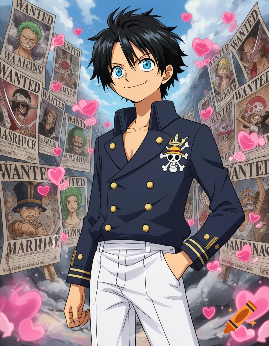 An anime character with black spiky hair and blue eyes, wearing a dark blue Marine uniform, smiles in front of wanted posters of other anime characters, with pink hearts floating around.
