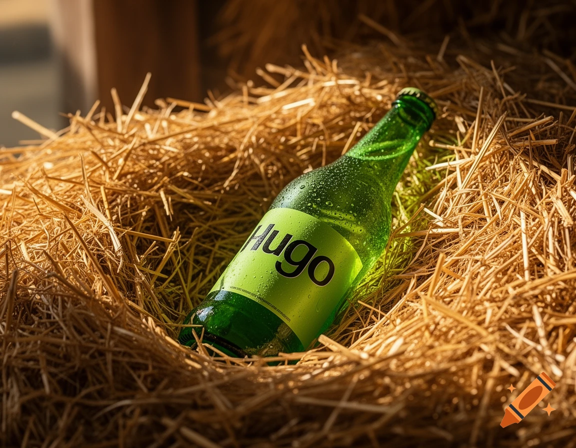 A green glass bottle labeled "Hugo" with water droplets, resting in a bed of golden hay, in a photorealistic style.