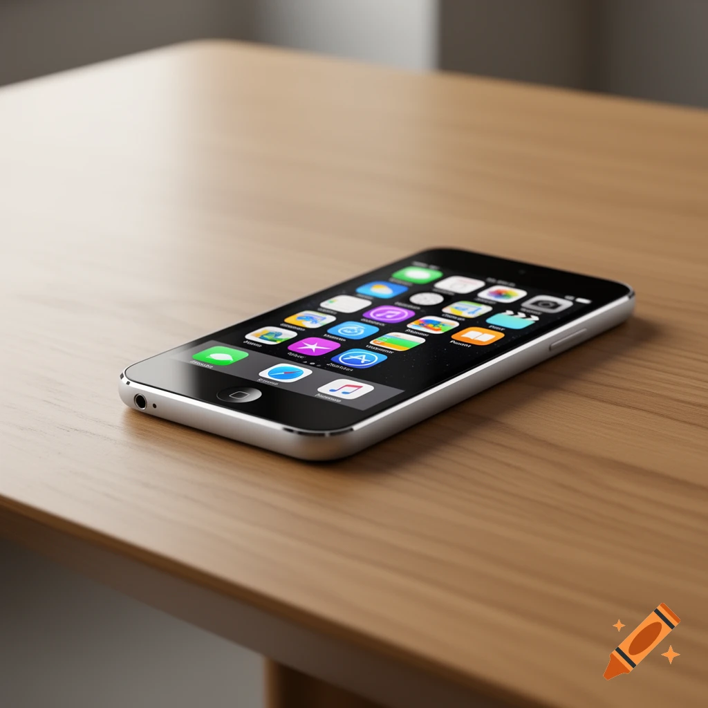 Photorealistic image of a sleek silver smartphone or iPod Touch with a black screen full of colorful app icons, resting at an angle on a smooth wooden table.