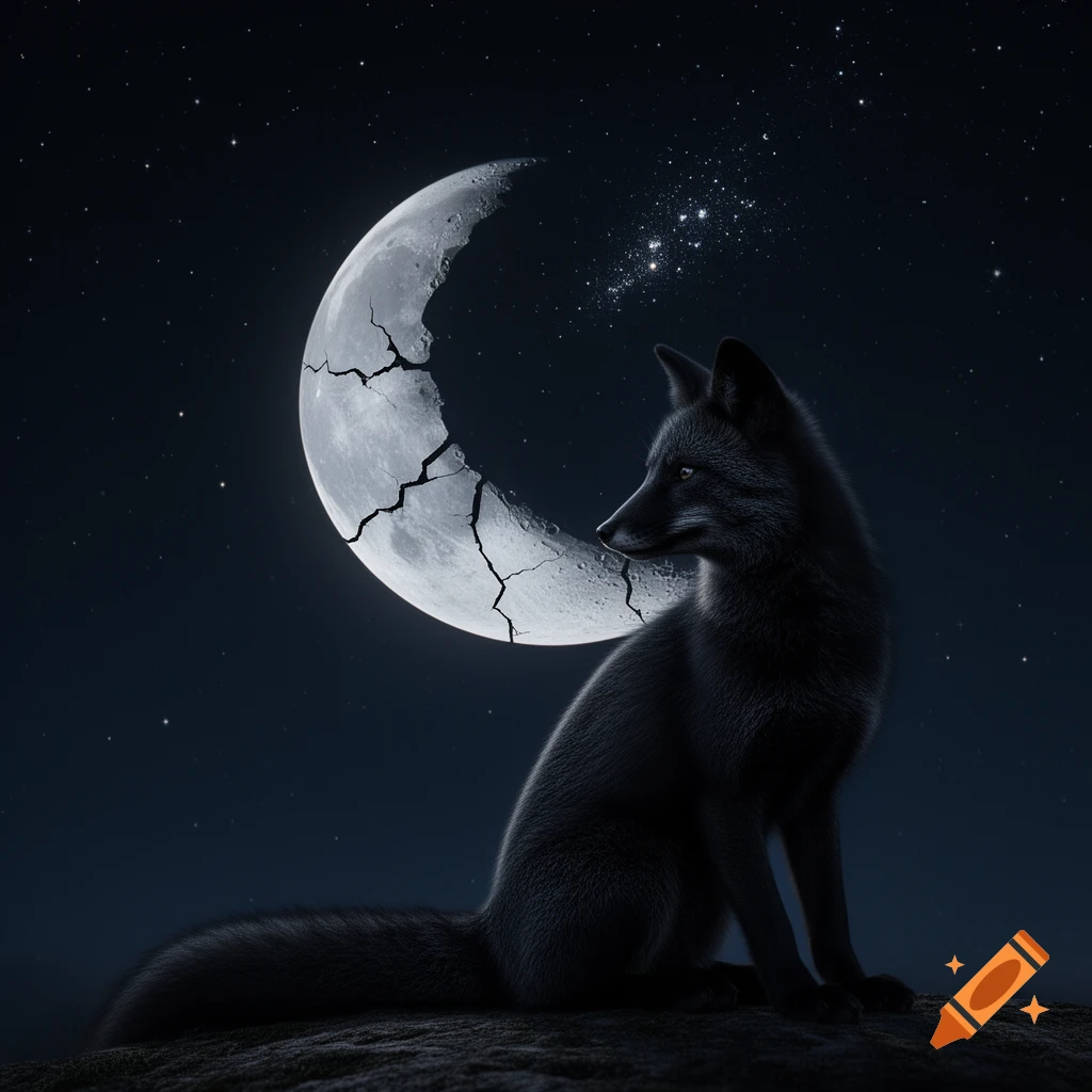 A sleek black fox sits in profile against a dark night sky with a partially cracked crescent moon and scattered stars.