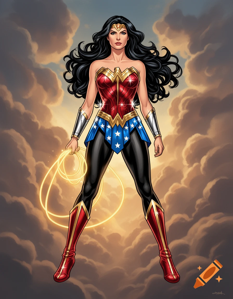 Wonder Woman in her iconic red, blue, and gold costume with black leggings and glowing lasso, standing confidently against a cloudy golden sky, comic art style.