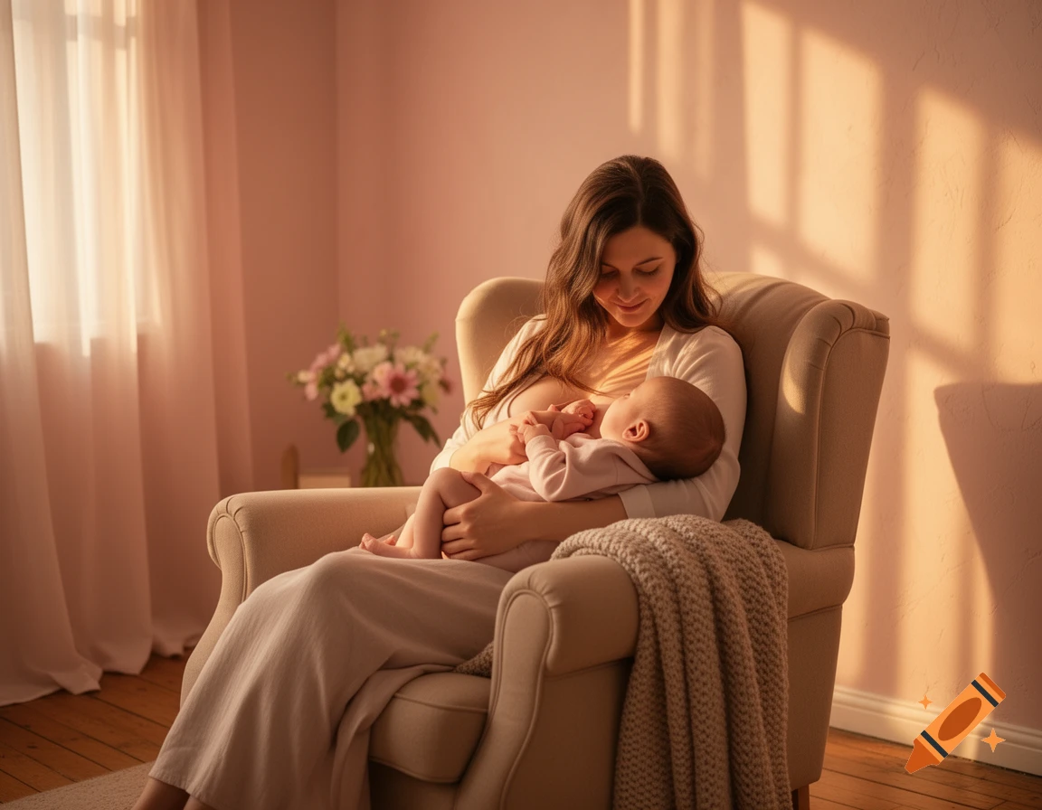 A photorealistic image of a mother gently breastfeeding her baby in a cozy room with warm sunlight.