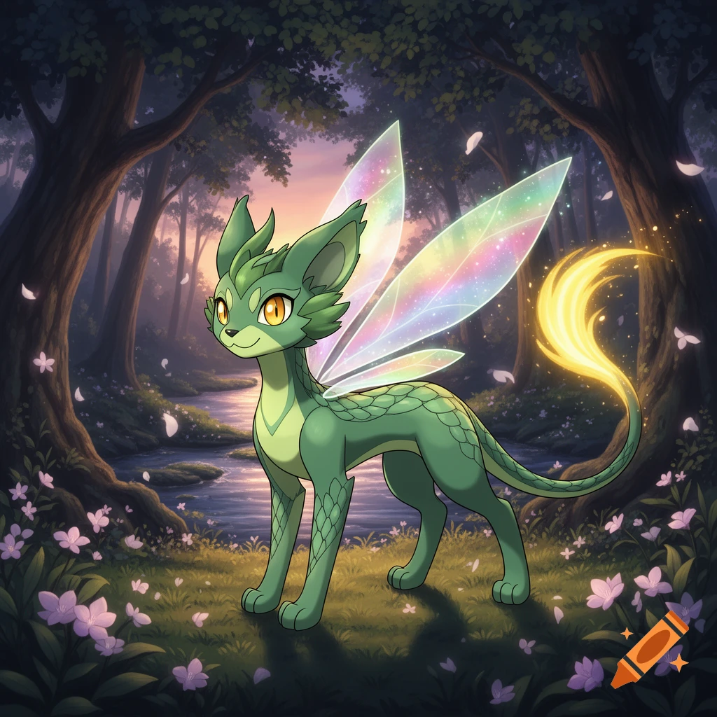 A green, cat-like creature with rainbow fairy wings and a glowing golden tail stands in an enchanted forest with purple flowers.