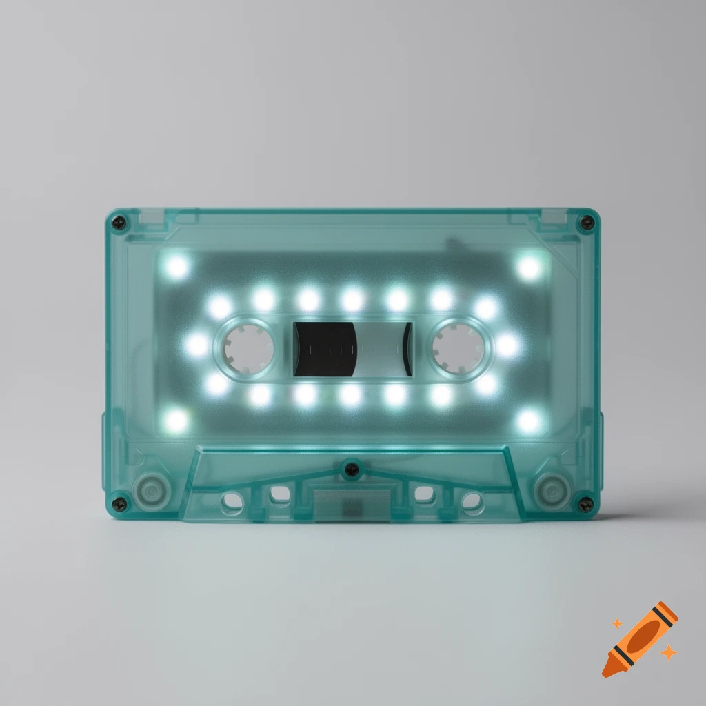 A frosted, translucent teal cassette tape with glowing white LED lights inside, on a light grey background.