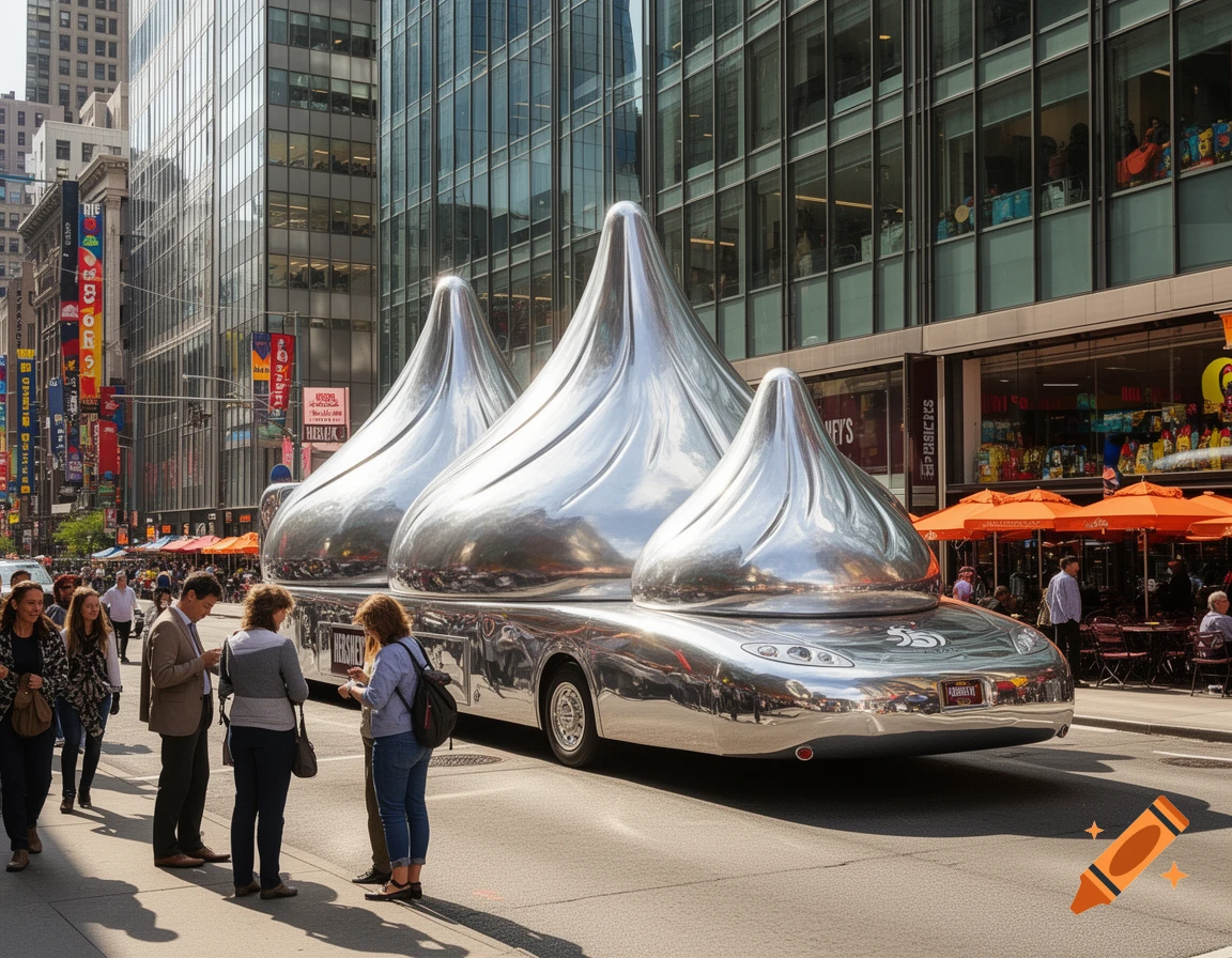 A photorealistic image of a giant chrome Hershey's Kissmobile with three large Hershey's Kisses on top, driving on a sunny city street with pedestrians and tall buildings.