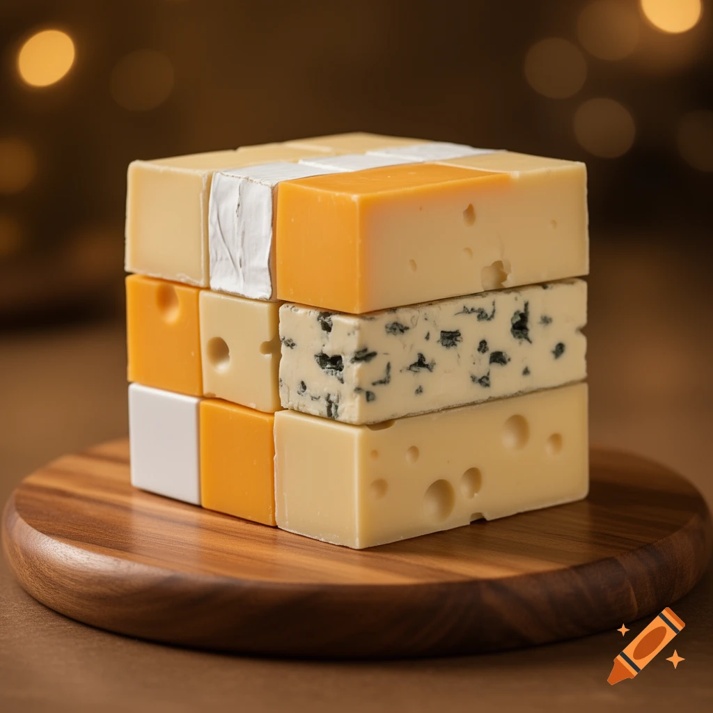 A photorealistic stack of different cheeses arranged like a Rubik's cube on a wooden board.