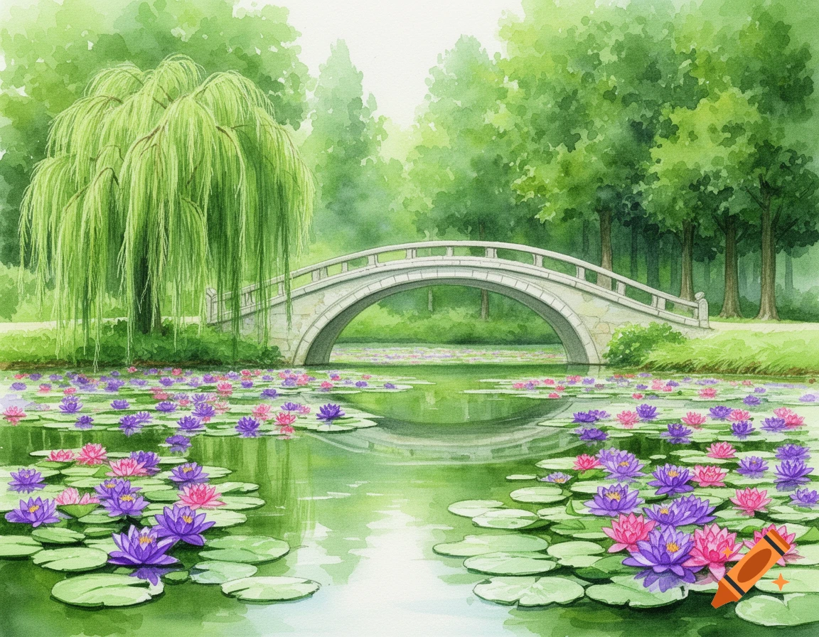 Watercolor landscape with an arched stone bridge over a lily pad pond, a weeping willow, and green trees.