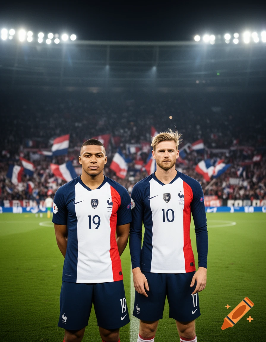 Two male football players, one resembling Mbappé wearing number 19 and another resembling Lucas Digne wearing number 10, stand on a stadium field.