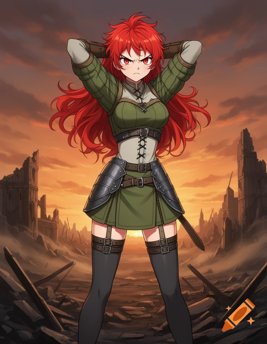 An angry red-haired anime warrior girl in gambeson and armor stands in a ruined city at sunset.