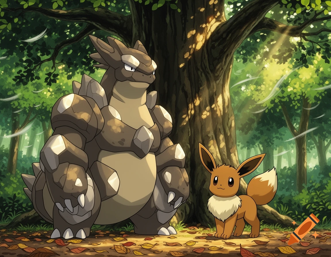 Aggron and Eevee stand in a sunlit forest with fallen leaves in an anime art style.