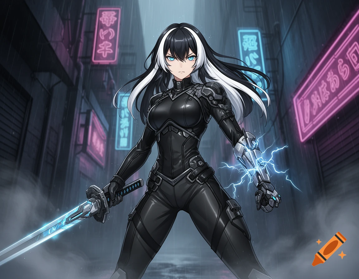 An anime girl with black and white hair, glowing blue eyes, and a black combat suit holds a glowing sword in a rainy cyberpunk alley with neon signs.