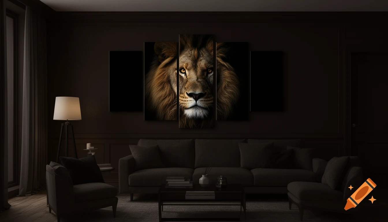A majestic lion's head on a 5-piece split canvas wall art with golden eyes and chiaroscuro lighting, in a dark living room.