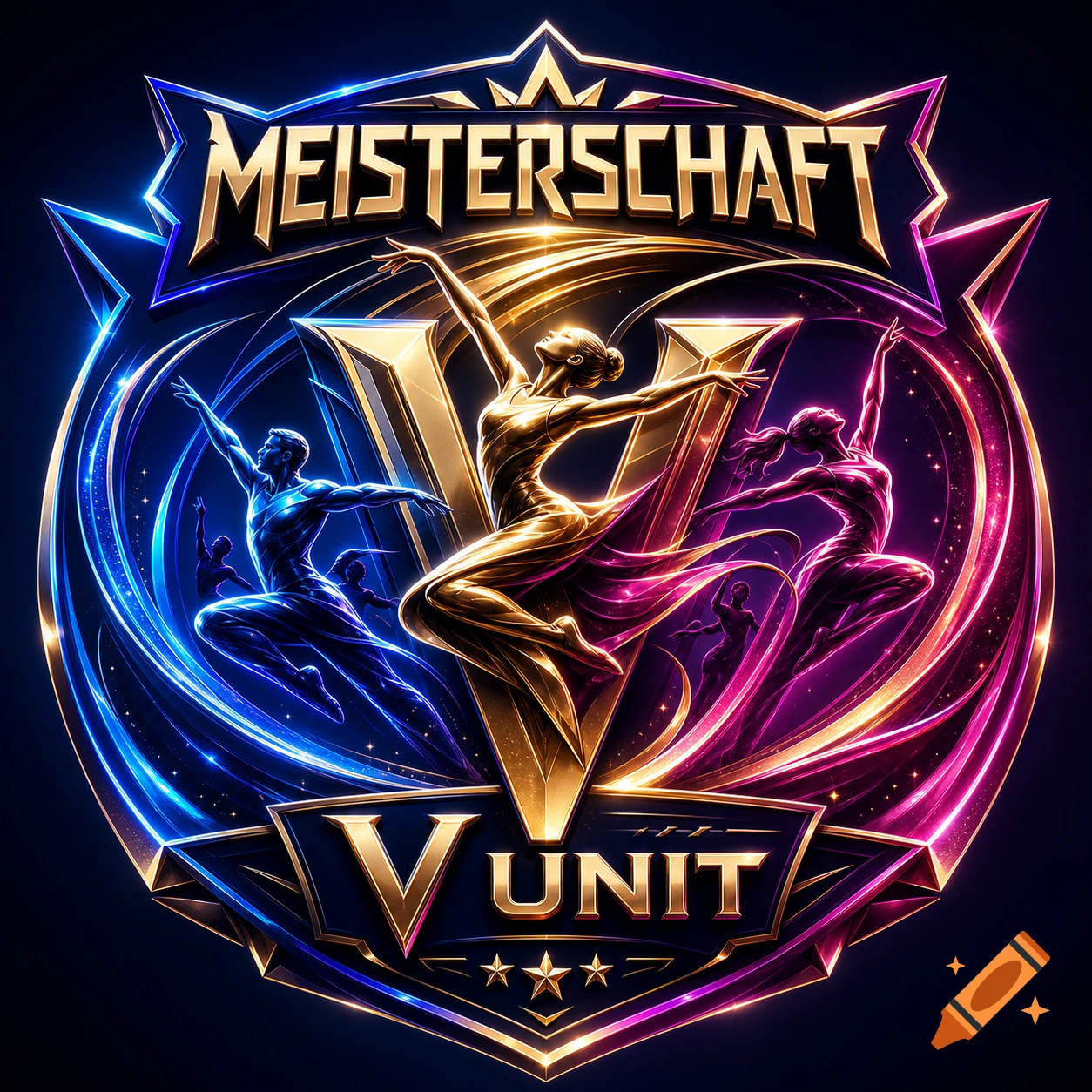 A vibrant, glowing esports-style logo with MEISTERSCHAFT and V UNIT text, featuring golden, blue, and pink dancers in dynamic poses.