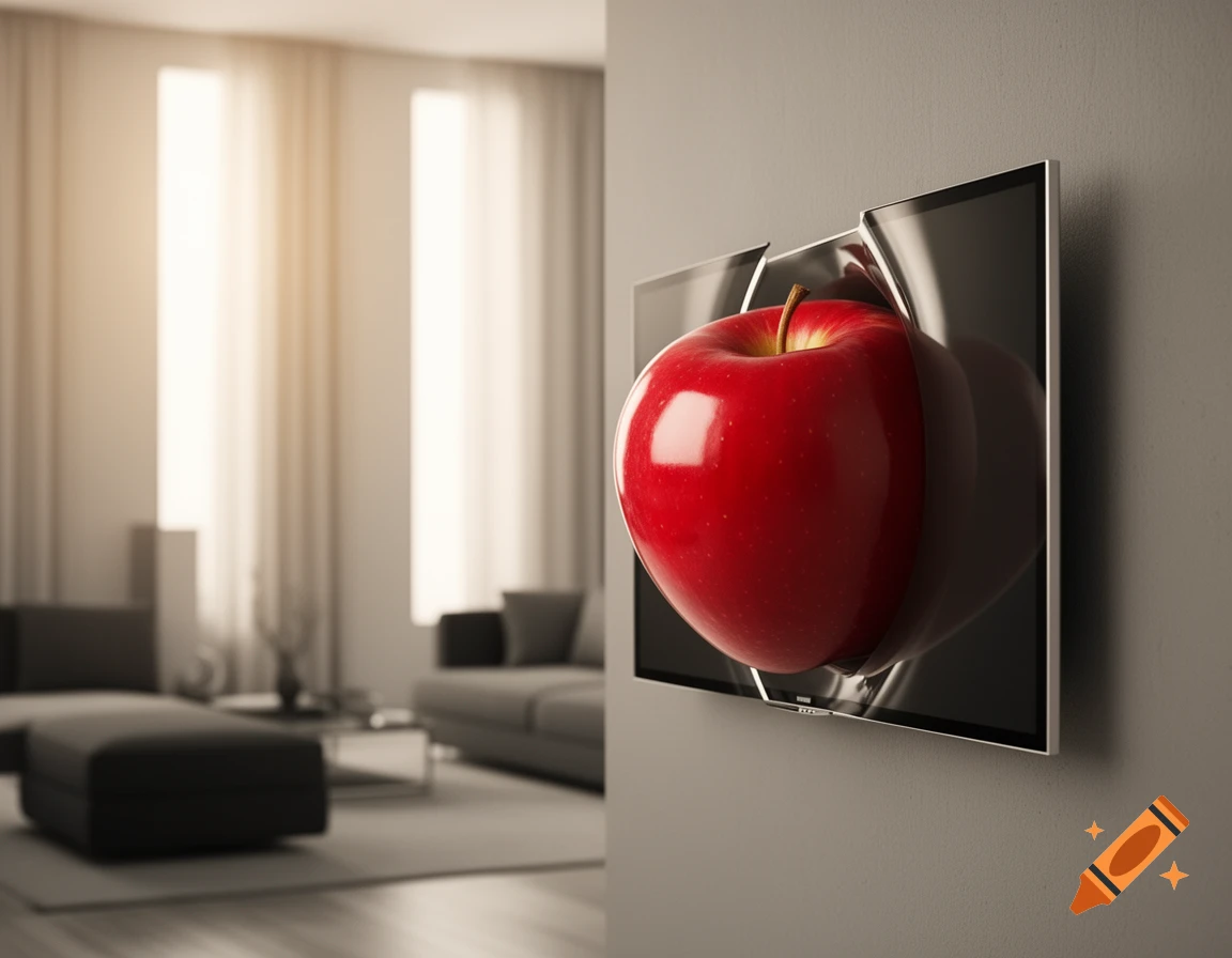 A bright red apple seemingly bursts out of a flat-screen TV in a modern living room setting.