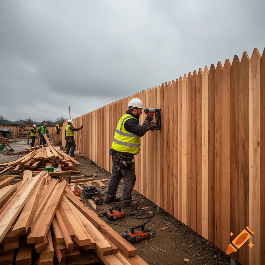 Construction workers in hard hats and high-visibility vests building a long wooden fence on a cloudy day, with piles of lumber nearby.