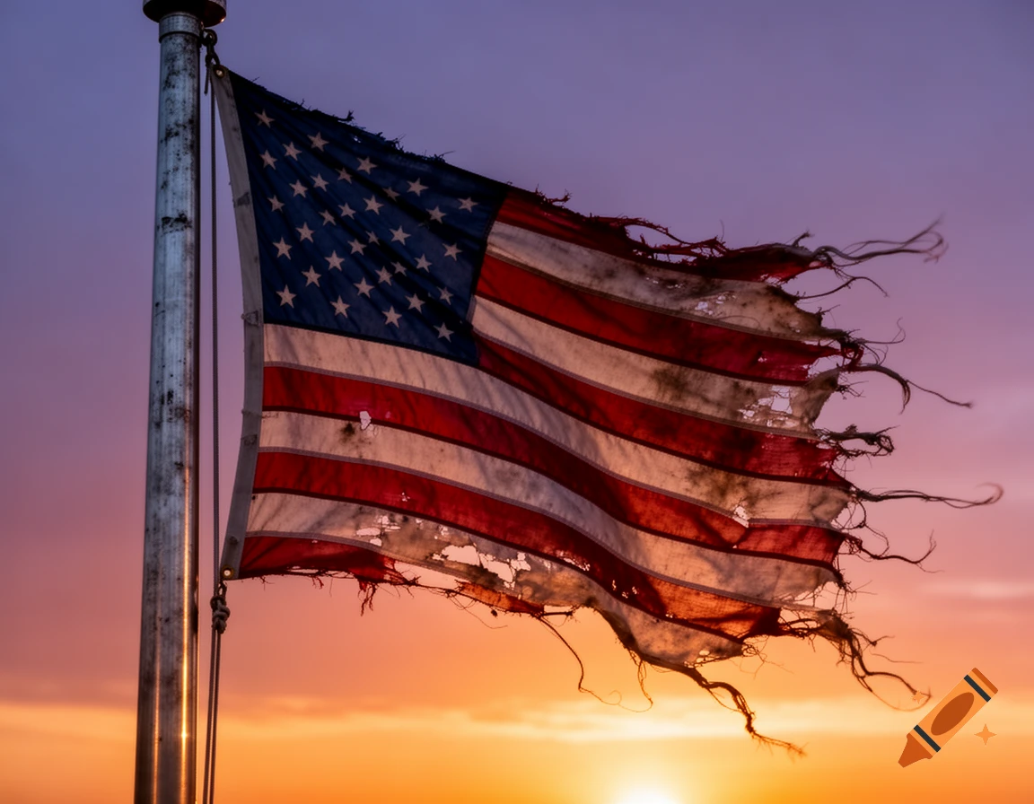 A tattered American flag waves on a pole against a vibrant orange and purple sunset sky.