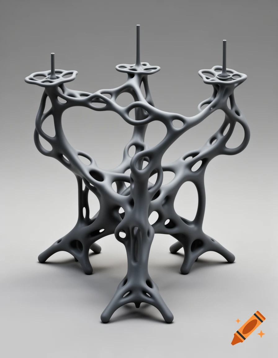 A gray biomorphic 3D sculpture with an organic, branching network design, featuring three feet and three upper supports.