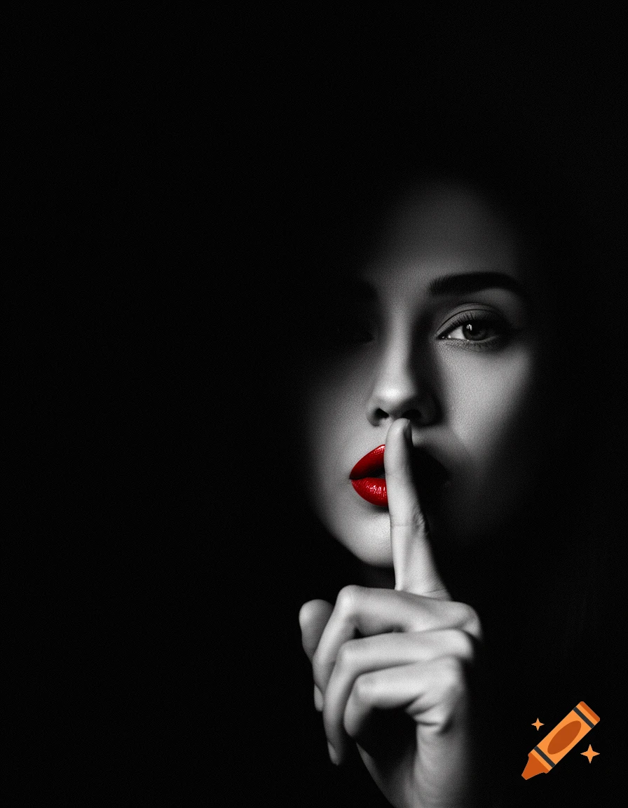 A black and white close-up portrait of a woman with red lips, her finger held vertically in a 'shh' gesture. Dramatic lighting.