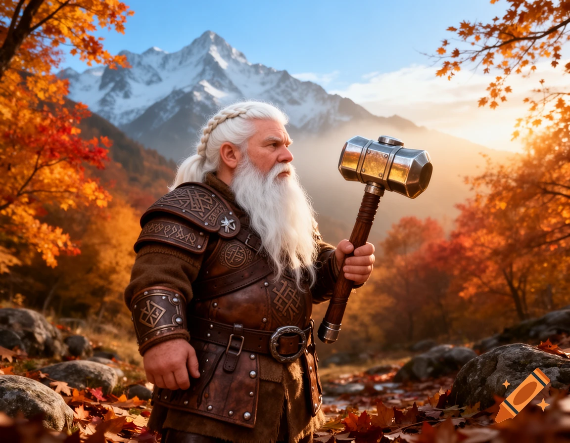 A white-haired dwarf in ornate leather armor holds a hammer in an autumn forest with snow-capped mountains and a glowing sunset.