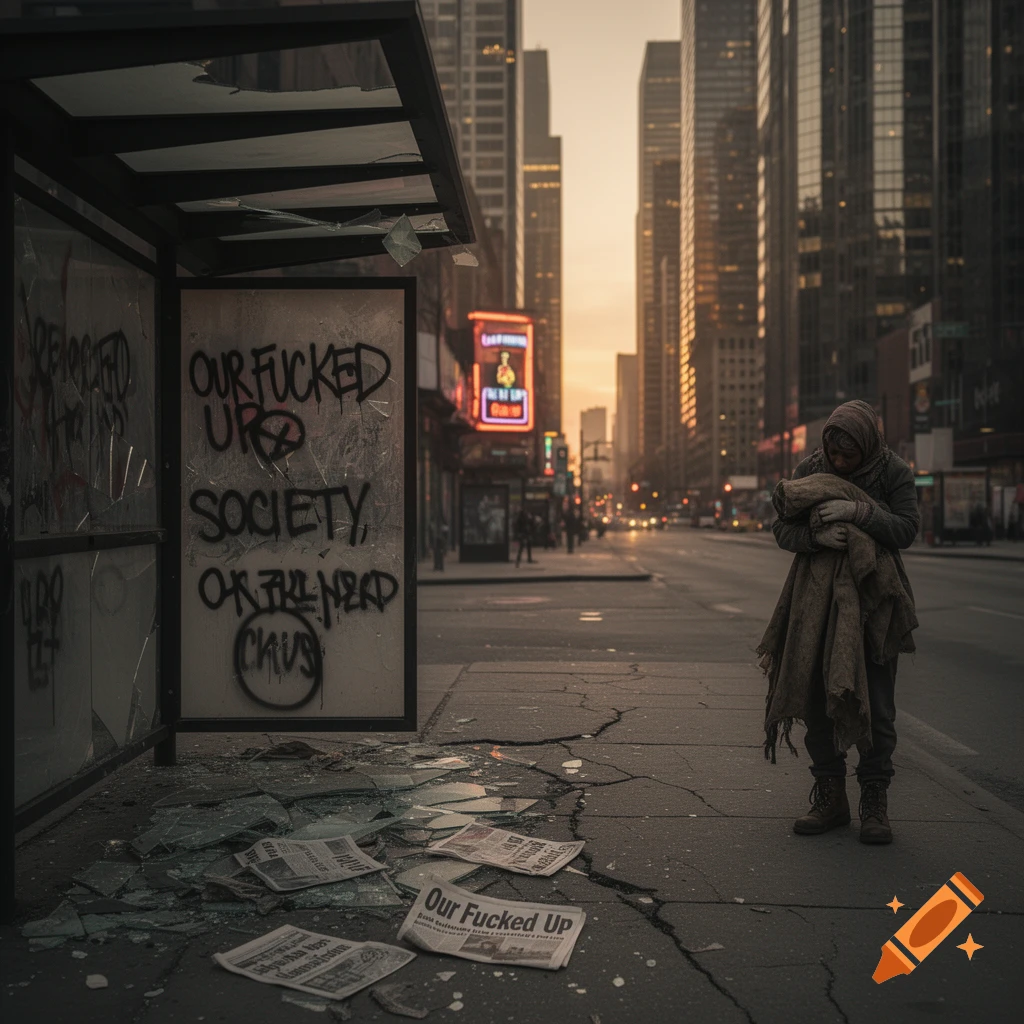 A desolate, photorealistic urban street scene features a broken bus stop with graffiti reading "OUR FUCKED UP SOCIETY". A person in a hooded cloak stands nearby, with shattered glass and newspapers scattered on the sidewalk.