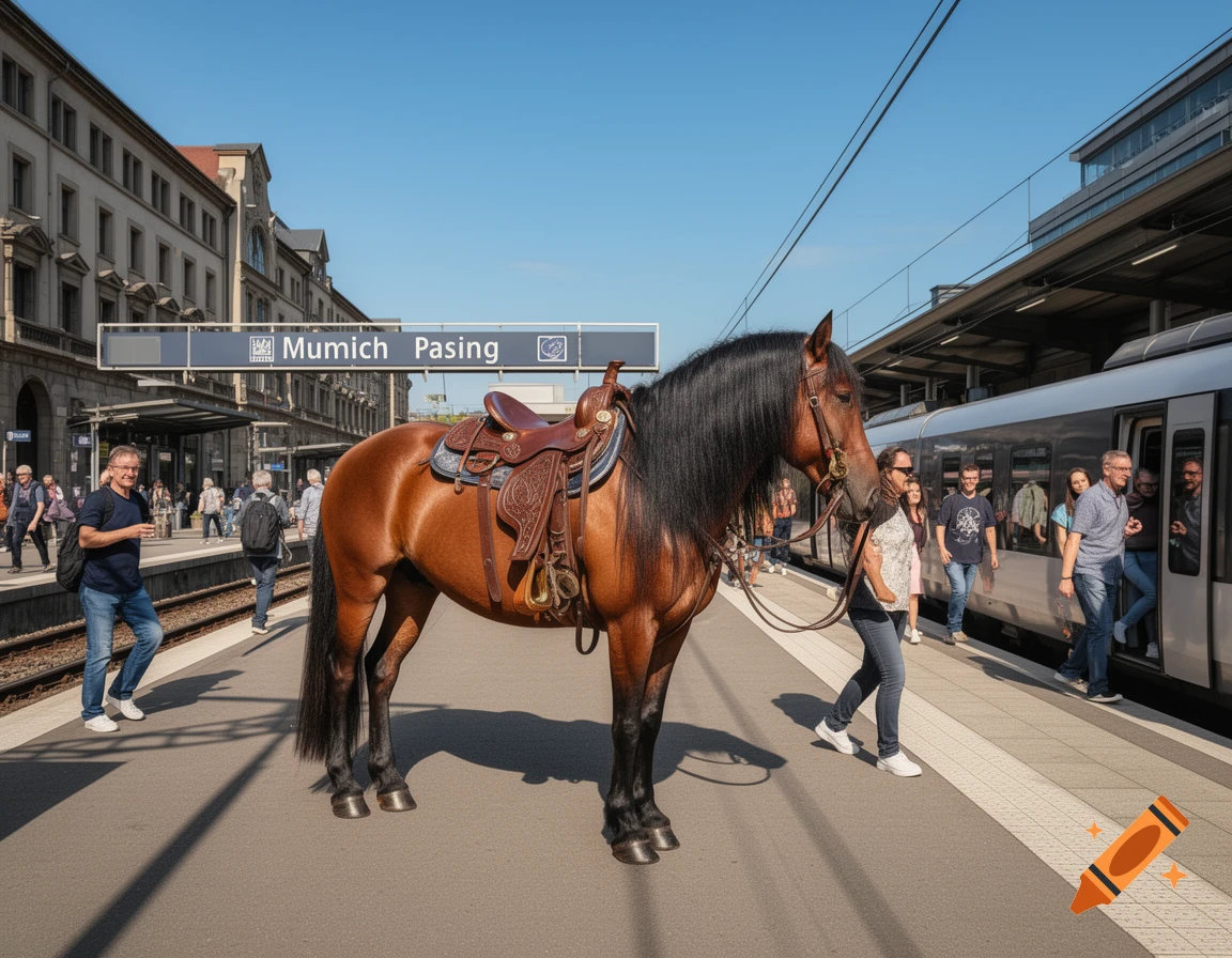 A brown horse with a saddle stands on a sunny train station platform with people and a train in the background.
