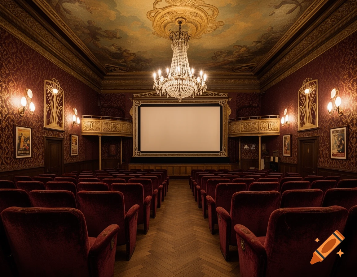 Ornate vintage cinema with red velvet seats, a large screen, and a grand chandelier.