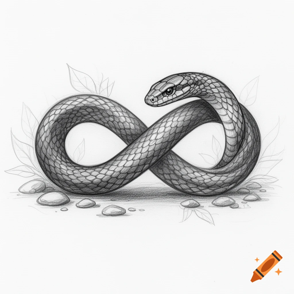 A black and white pencil sketch of a snake coiled into an infinity symbol, with small leaves and pebbles on the ground.