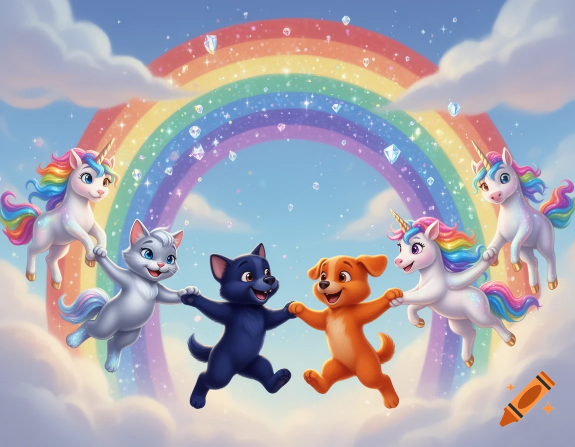 A cartoon cat, black dog, and two unicorns hold hands, flying under a sparkling rainbow in a bright sky.