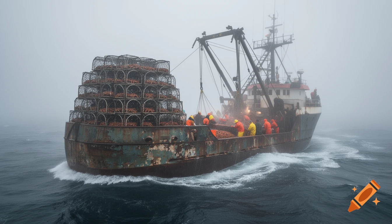 A crab fishing boat, laden with crab pots, navigates through foggy, choppy waters with fishermen working on deck.