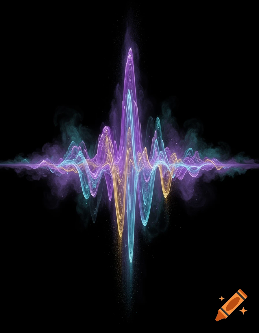 An abstract glowing audio waveform of luminous purple, blue, and gold light on a black background.