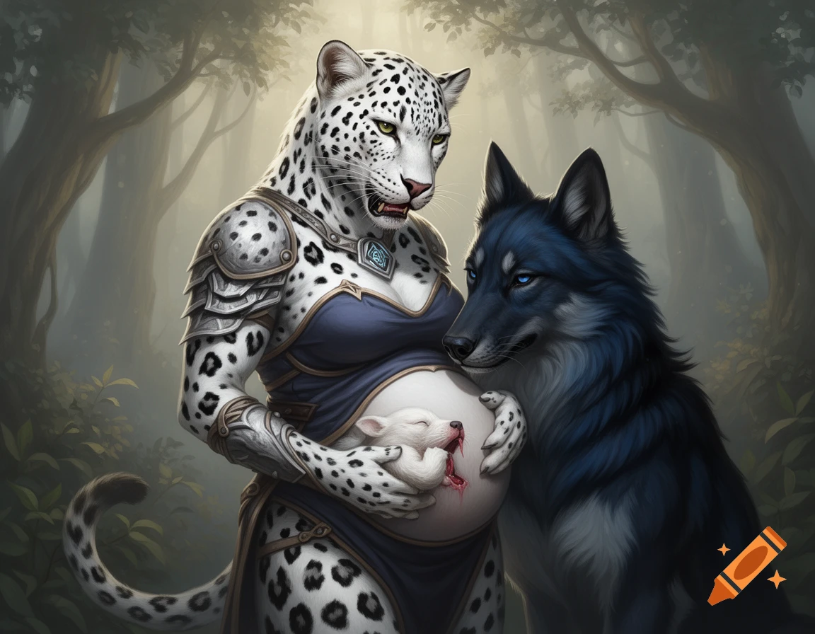 A humanoid leopard warrior, heavily pregnant and crowning, is lovingly comforted by a majestic dark blue wolfhound in a forest.