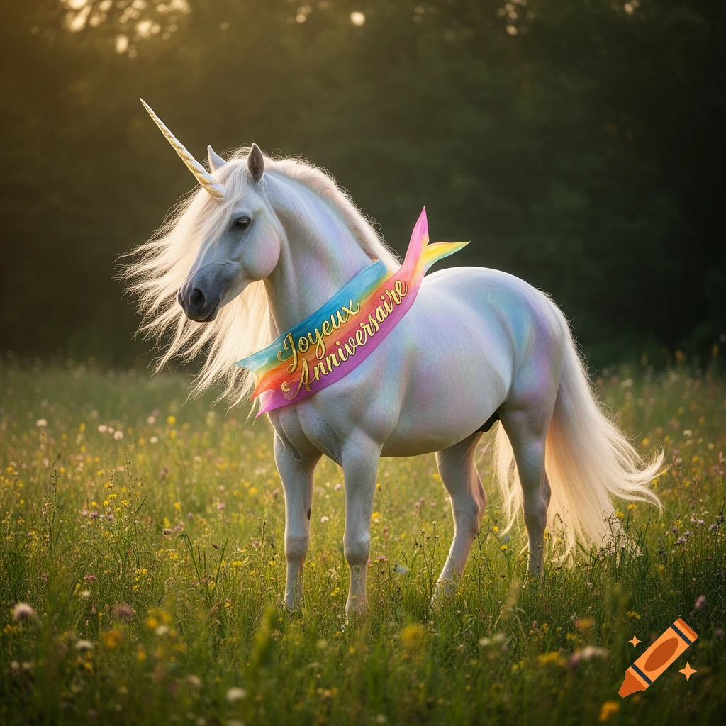 A white unicorn with a long mane and tail, wearing a rainbow "Joyeux Anniversaire" sash, stands in a sunny wildflower meadow.