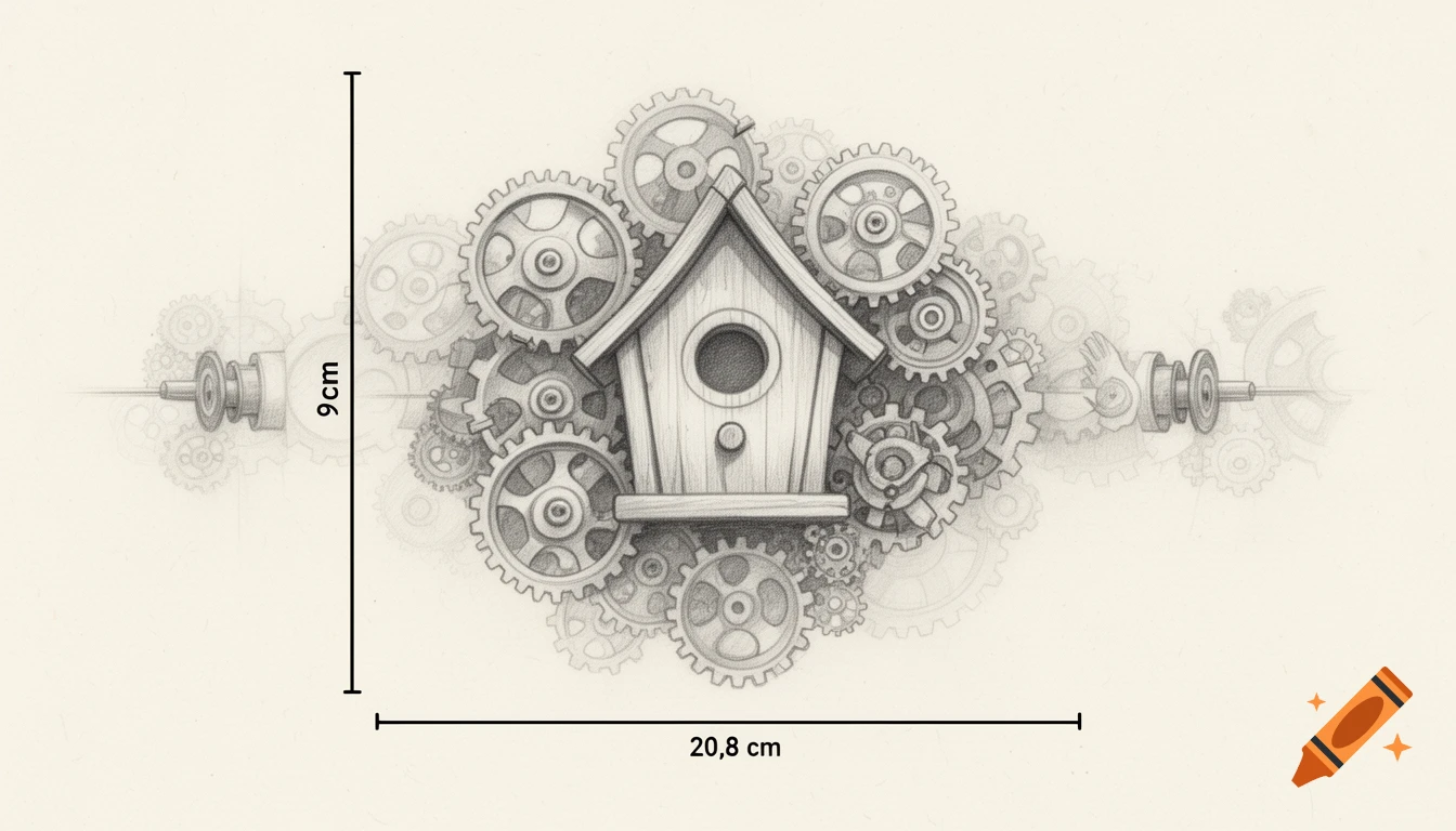 Detailed pencil drawing of a birdhouse surrounded by various gears, with 9 cm height and 20.8 cm width measurements.
