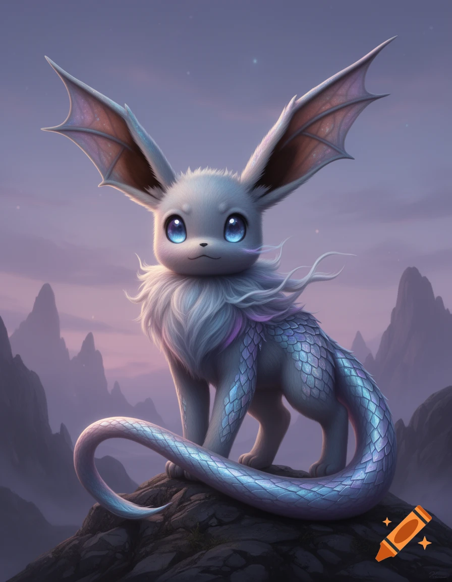 A cute white dragon-like creature with glowing blue eyes, large ears, bat wings, and a scaly tail stands on a rocky mountain at twilight.