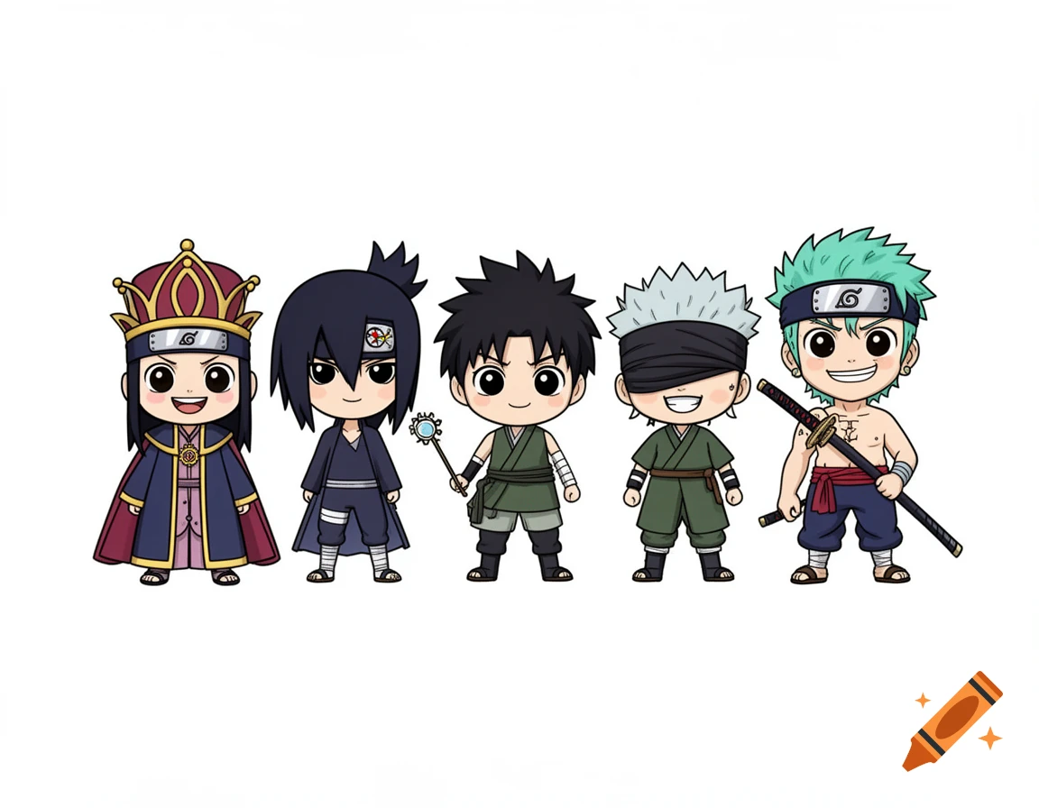 Five chibi-style anime characters, including one wearing a crown, one with a blindfold, and one holding a sword, stand in a row on a white background.