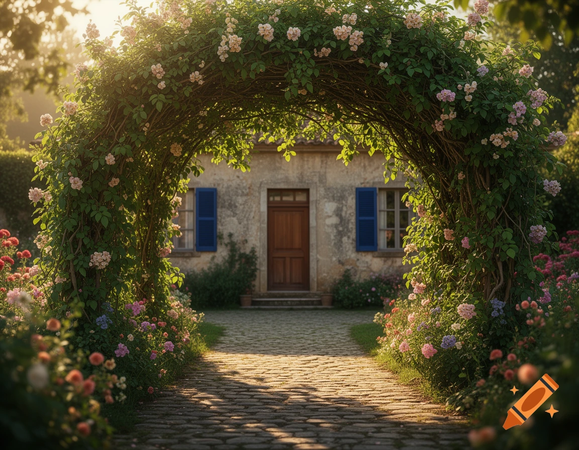 A stone path leads through a lush rose-covered arch to a rustic house with blue shutters under a warm, sunny sky.