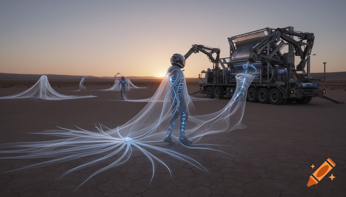 A futuristic scene at dusk in a desert, with a person in protective gear interacting with a glowing, semi-transparent net organism, alongside a large "Loom Wagon" vehicle.