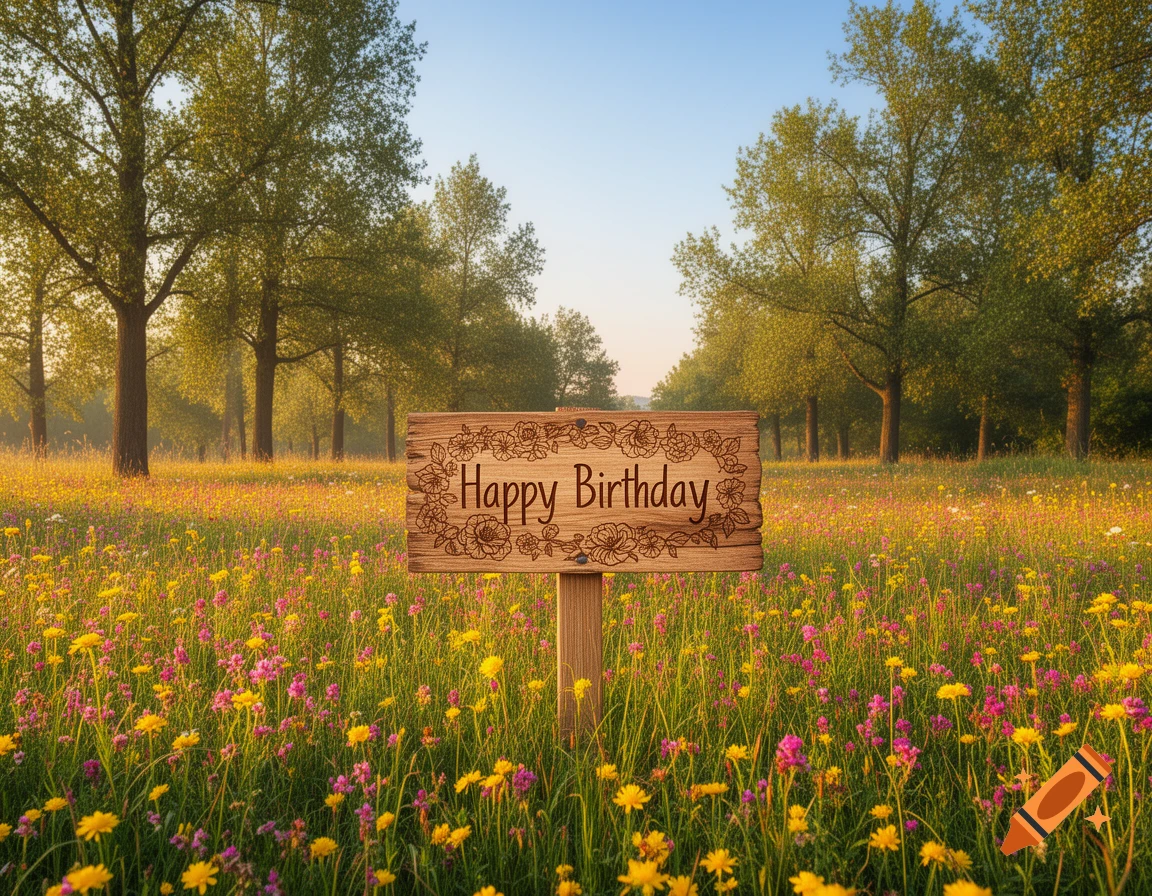 A wooden sign engraved with "Happy Birthday" stands in a vibrant field of colorful wildflowers under a sunny sky.