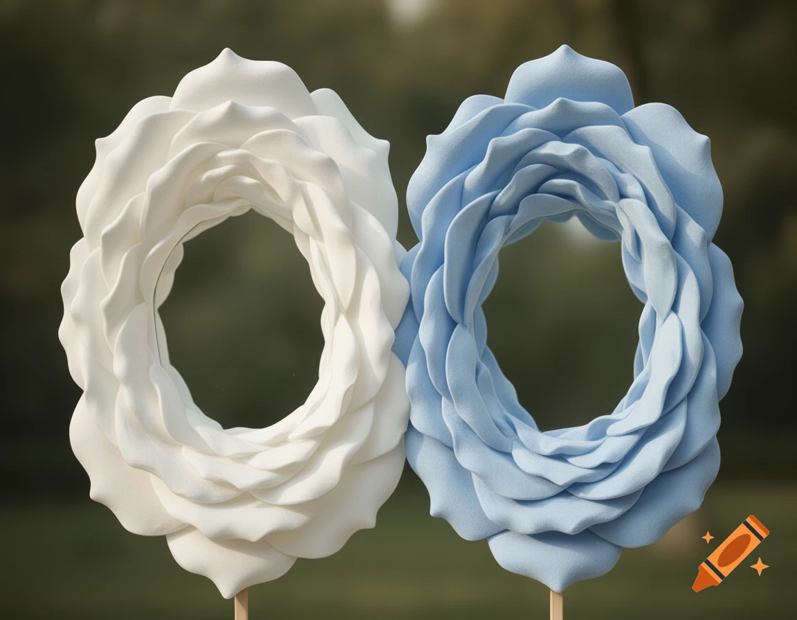 Two ornate, rose-shaped decorative objects, one white and one light blue, against a blurred green background.